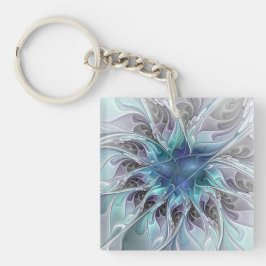 Flourish Abstract Modern Fractal Flower With Blue キーホルダー