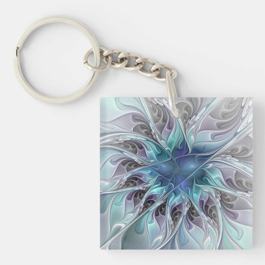 Flourish Abstract Modern Fractal Flower With Blue キーホルダー (正面)