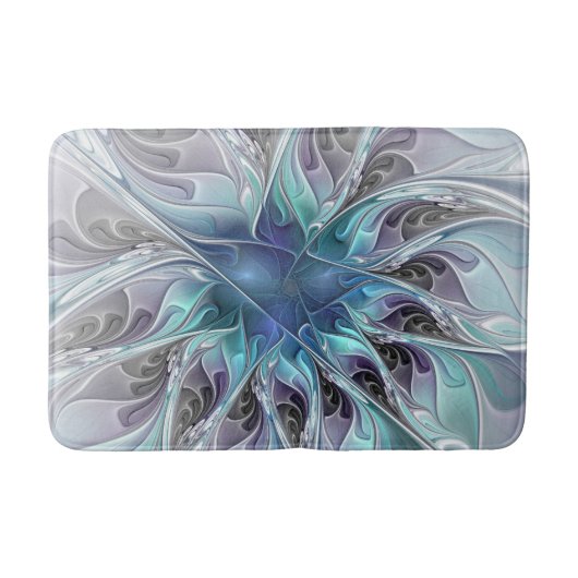 Flourish Abstract Modern Fractal Flower With Blue バスマット (正面)