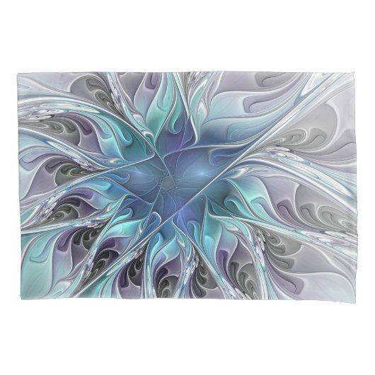 Flourish Abstract Modern Fractal Flower With Blue 枕カバー (正面)
