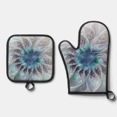 Flourish Abstract Modern Fractal Flower With Blue 鍋つかみ&鍋敷きセット (正面)
