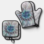 Flourish Abstract Modern Fractal Flower With Blue 鍋つかみ&鍋敷きセット (正面/裏面)