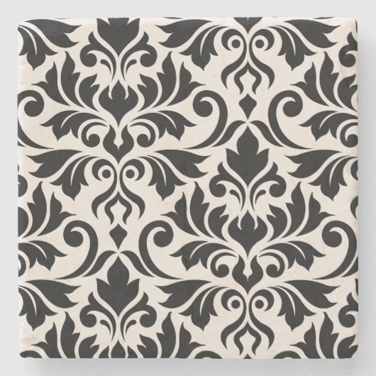 Flourish Damask Art I Black on Cream ストーンコースター (正面)