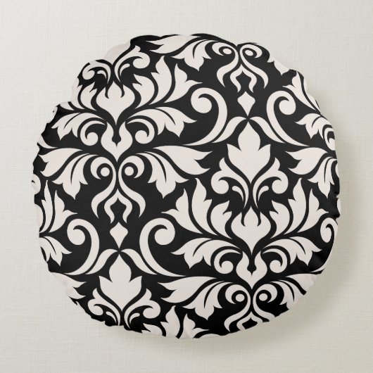 Flourish Damask Art I Cream on Black ラウンドクッション (正面)
