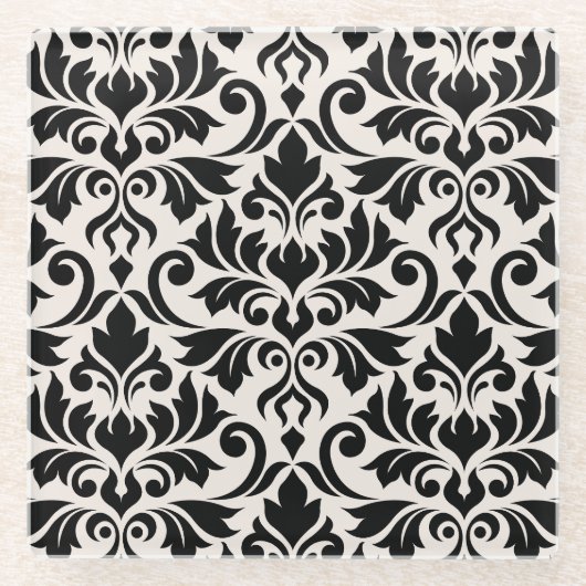 Flourish Damask Lg Pattern Black on Cream ガラスコースター (正面)