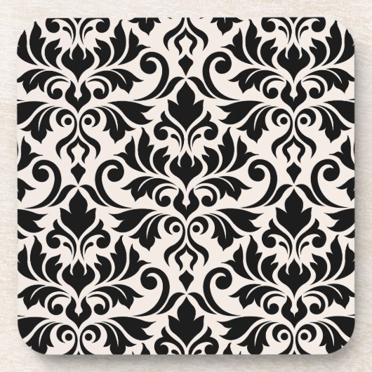 Flourish Damask Lg Pattern Black on Cream コースター (正面)