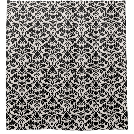 Flourish Damask Pattern Black on Cream シャワーカーテン (正面)