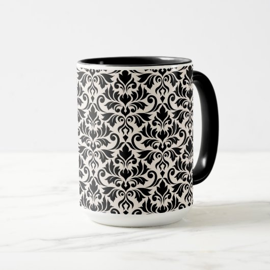 Flourish Damask Pattern Black on Cream マグカップ (正面右)