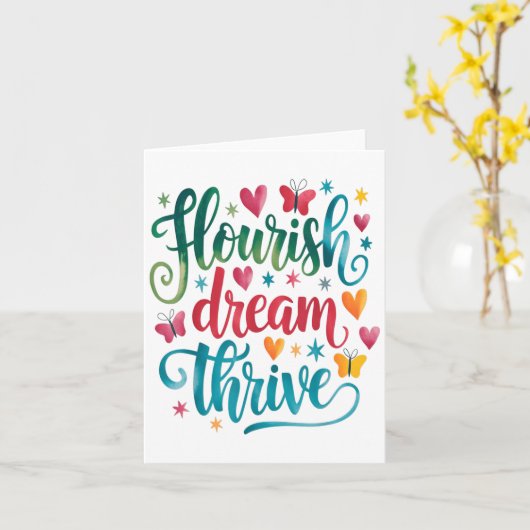 Flourish Dream Thrive Motivational  カード (黄色い花)