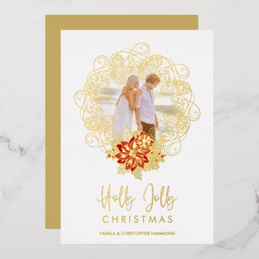 Flourish Ornament Photo Christmas Holly Jolly 箔シーズンカード (正面/裏面)