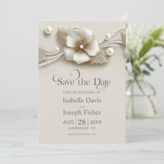 Flower and Pearls Wedding Save the Date 招待状 (スタンド正面)