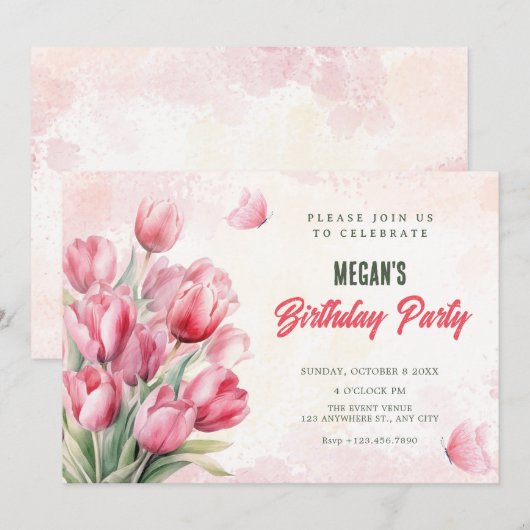 Flower bouquet tulips birthday 招待状 (正面/裏面)