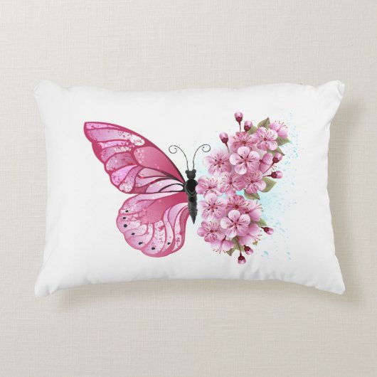 Flower Butterfly with Pink Sakura アクセントクッション (正面)