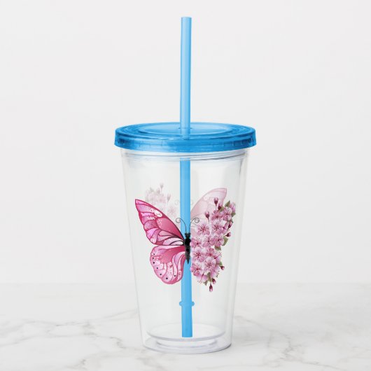 Flower Butterfly with Pink Sakura アクリルタンブラー (正面)