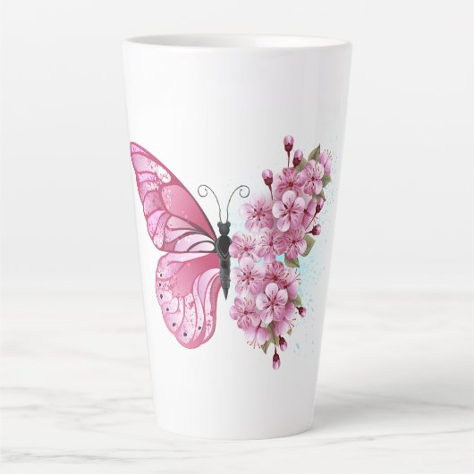 Flower Butterfly with Pink Sakura カフェラテマグ (正面)