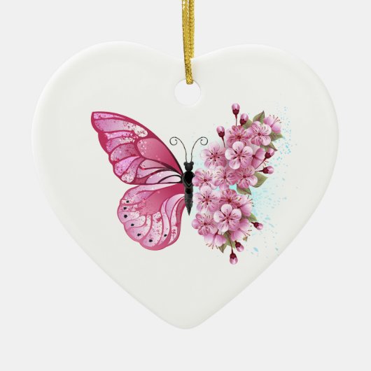 Flower Butterfly with Pink Sakura セラミックオーナメント (正面)