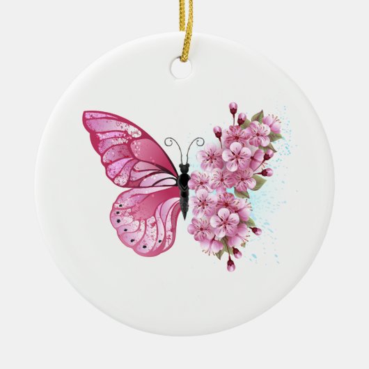 Flower Butterfly with Pink Sakura セラミックオーナメント (正面)