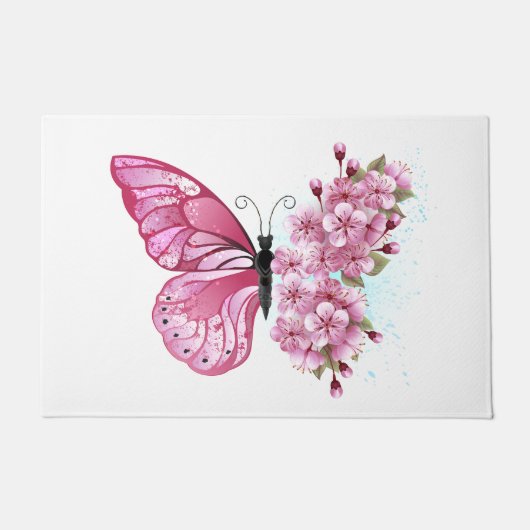 Flower Butterfly with Pink Sakura ドアマット (正面)