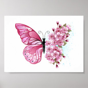 Flower Butterfly with Pink Sakura ポスター