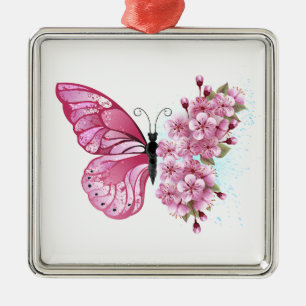 Flower Butterfly with Pink Sakura メタルオーナメント
