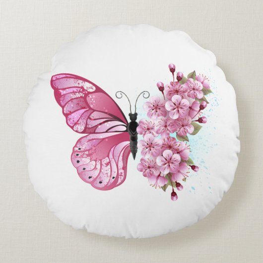Flower Butterfly with Pink Sakura ラウンドクッション (正面)