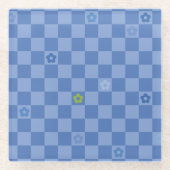 Flower Checkered Pattern No. 01 - Light Blue ガラスコースター (正面)