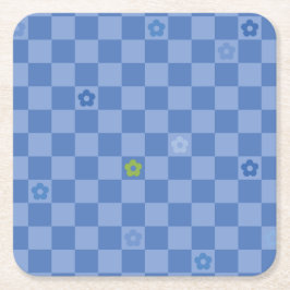 Flower Checkered Pattern No. 01 - Light Blue スクエアペーパーコースター