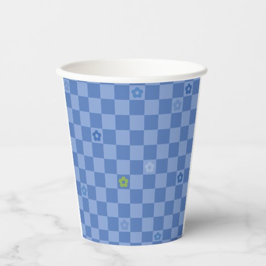 Flower Checkered Pattern No. 01 - Light Blue 紙コップ (正面)