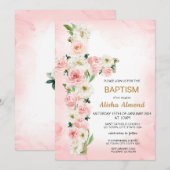 Flower Cross Baptism Invitation, Floral Christian 招待状 (正面/裏面)