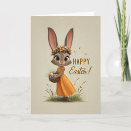 Flower-Crown Bunny in Orange Dress Easter Card カード