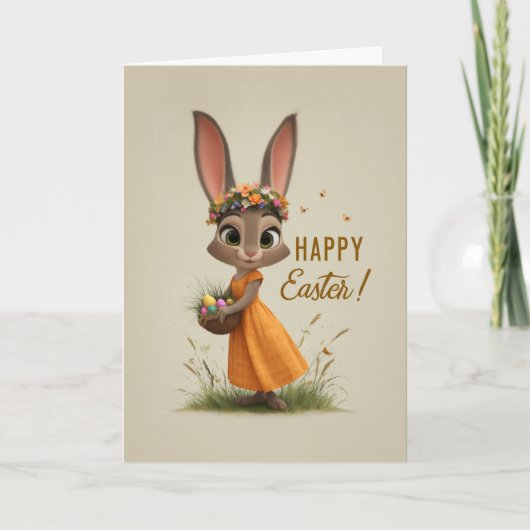 Flower-Crown Bunny in Orange Dress Easter Card カード (正面)