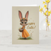 Flower-Crown Bunny in Orange Dress Easter Card カード (黄色い花)