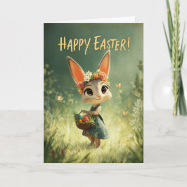 Flower-Crown Bunny with Easter Basket Meadow Card カード