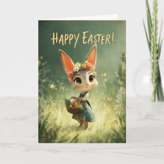 Flower-Crown Bunny with Easter Basket Meadow Card カード (正面)
