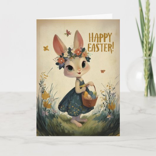 Flower-Crown Easter Bunny in Spring Meadow Card カード (正面)