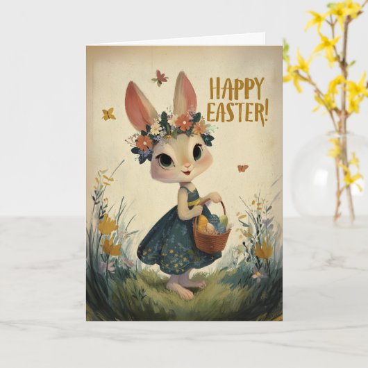 Flower-Crown Easter Bunny in Spring Meadow Card カード (黄色い花)