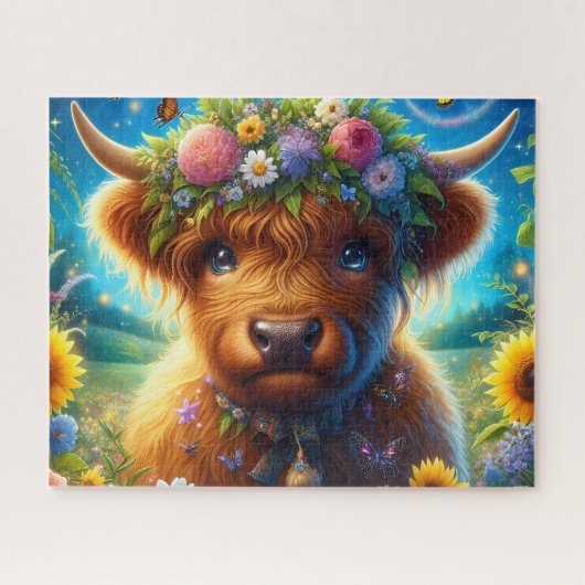 Flower Crown Highland Cow ジグソーパズル (横)