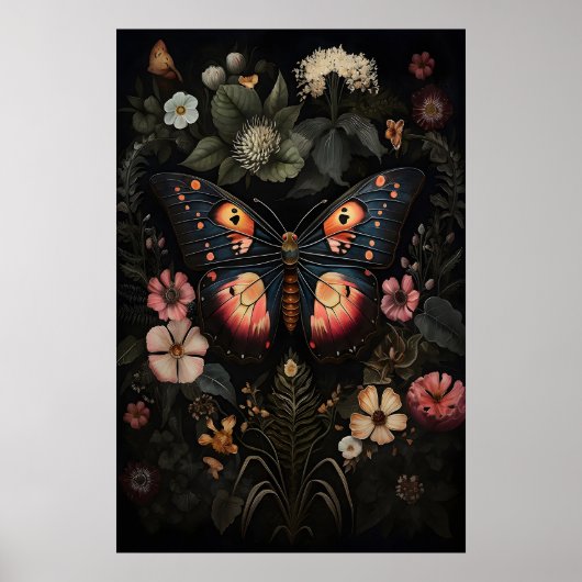 Flower Dark Butterfly, Moody Moth Wall Print ポスター (正面)