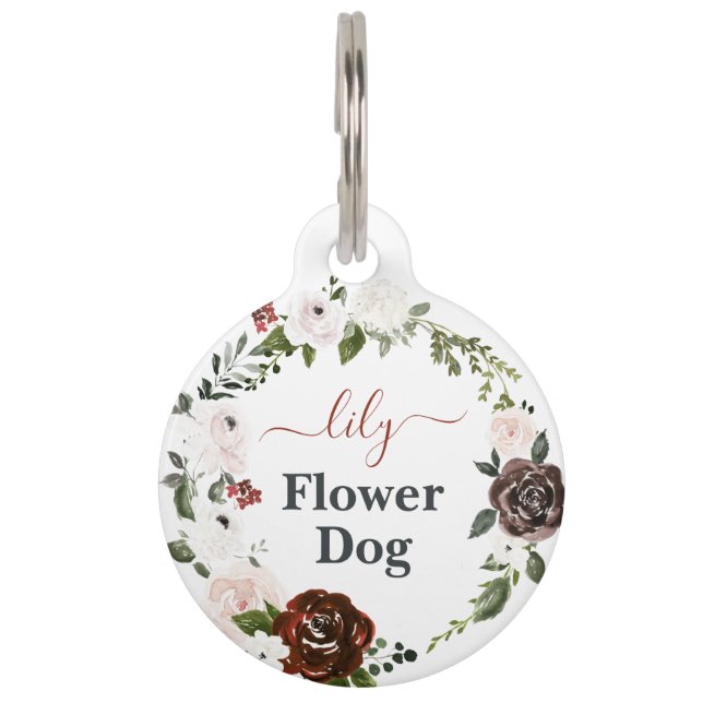 Flower Dog | 結婚式のモノグラム入りワンちゃんデザイン ペット　ネームタグ (正面)