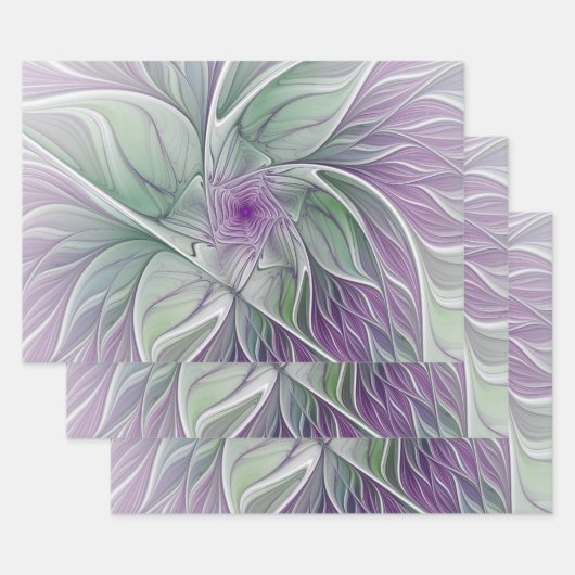 Flower Dream, Abstract Purple Green Fractal Art ラッピングペーパーシート (セット)