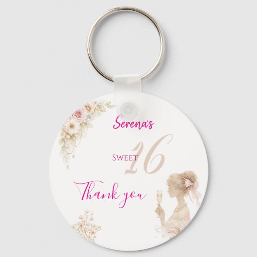 Flower Dreamy Soft Sweet 16 Birthday Button Pin キーホルダー (正面)