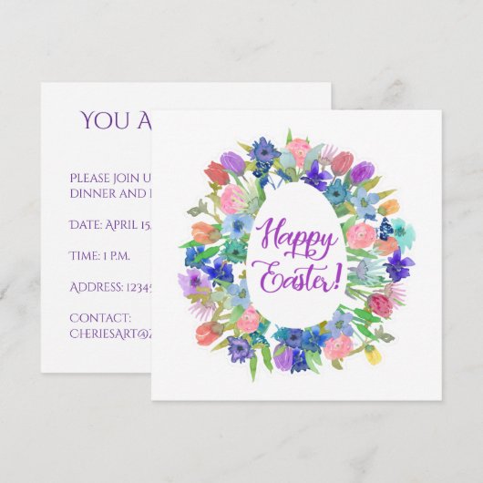 Flower Egg Shaped Wreath Happy Easter 招待状 (正面/裏面)