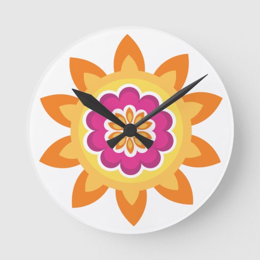 Flower Fusion_Geometric日が差すこと_ポピー明るい赤紫色日 ラウンド壁時計 (正面)