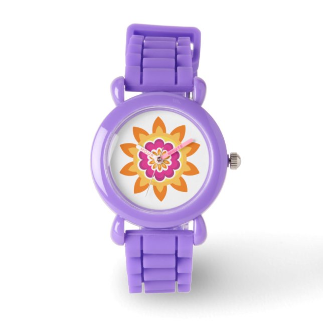 Flower Fusion_Geometric日が差すこと_ポピー明るい赤紫色日 腕時計 (正面)