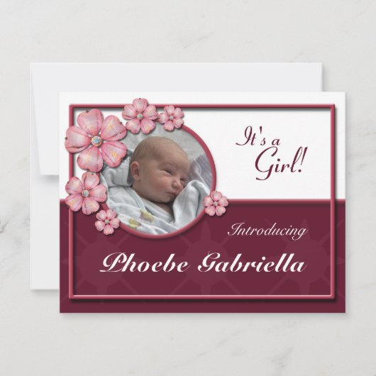 Flower Gem Pink Birth Announcements 案内状 (正面)