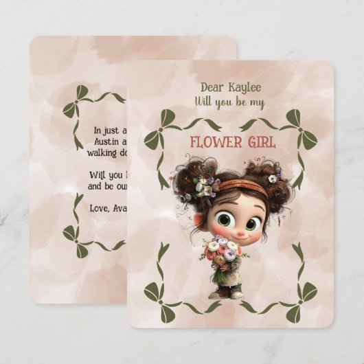 Flower Girl Invitation Floral Brown Watercolor ノートカード (正面/裏面)