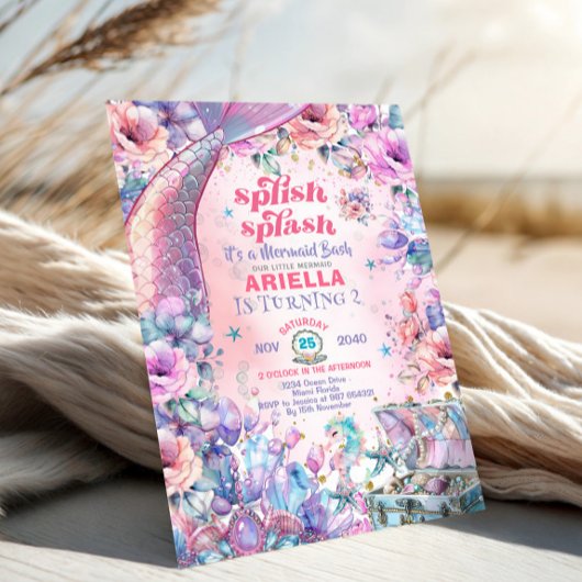 Flower Glitter Mermaid Tail 2nd Birthday  招待状