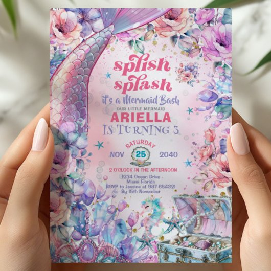 Flower Glitter Mermaid Tail 3rd Birthday  招待状