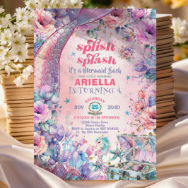 Flower Glitter Mermaid Tail 4th Birthday  招待状