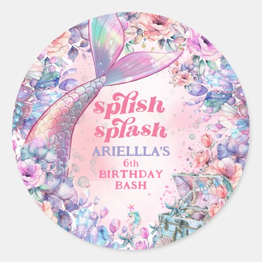 Flower Glitter Mermaid Tail 6th Birthday ラウンドシール (正面)